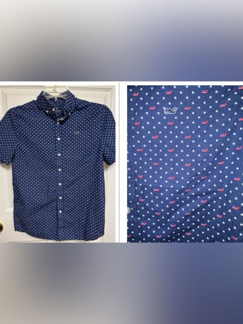 Vineyard Vines Whale Shirt Boys L Short Sleeve Patriotic Graphic Print Stars